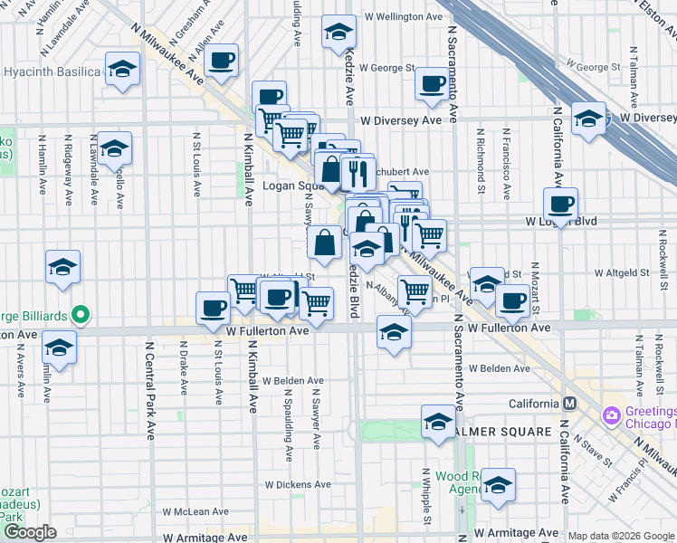 map of restaurants, bars, coffee shops, grocery stores, and more near 2454 North Kedzie Boulevard in Chicago