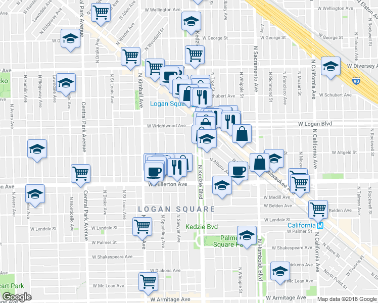 map of restaurants, bars, coffee shops, grocery stores, and more near 2454 North Kedzie Boulevard in Chicago