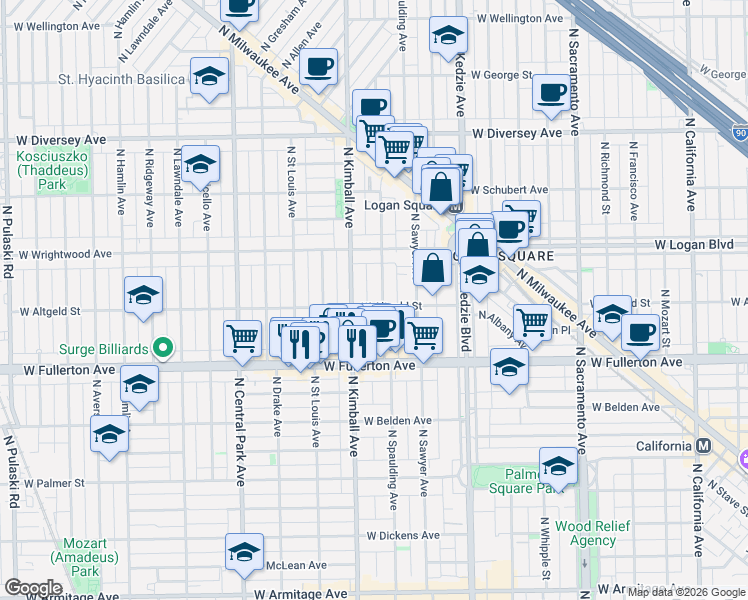 map of restaurants, bars, coffee shops, grocery stores, and more near 2454 North Spaulding Avenue in Chicago