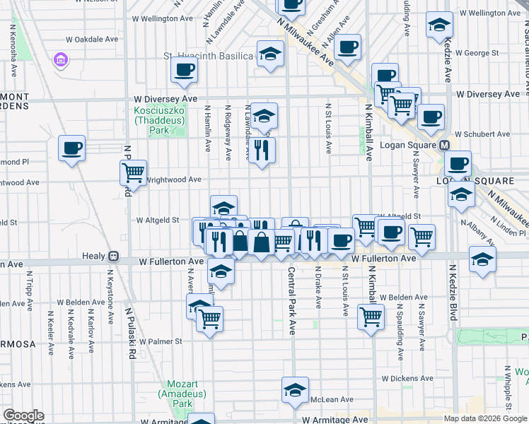 map of restaurants, bars, coffee shops, grocery stores, and more near 2500 North Monticello Avenue in Chicago