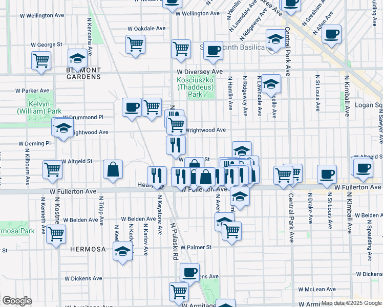 map of restaurants, bars, coffee shops, grocery stores, and more near 2500 North Harding Avenue in Chicago