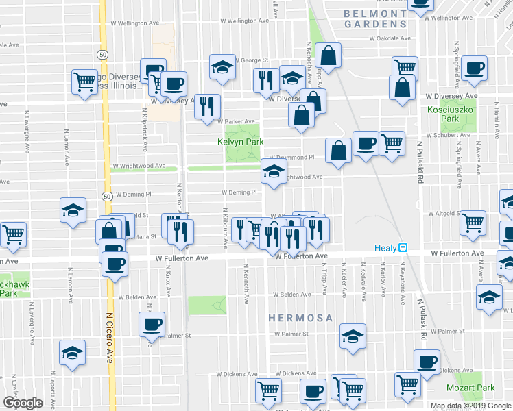 map of restaurants, bars, coffee shops, grocery stores, and more near 4400 West Altgeld Street in Chicago