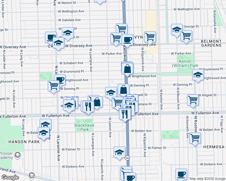 map of restaurants, bars, coffee shops, grocery stores, and more near 4852 West Altgeld Street in Chicago