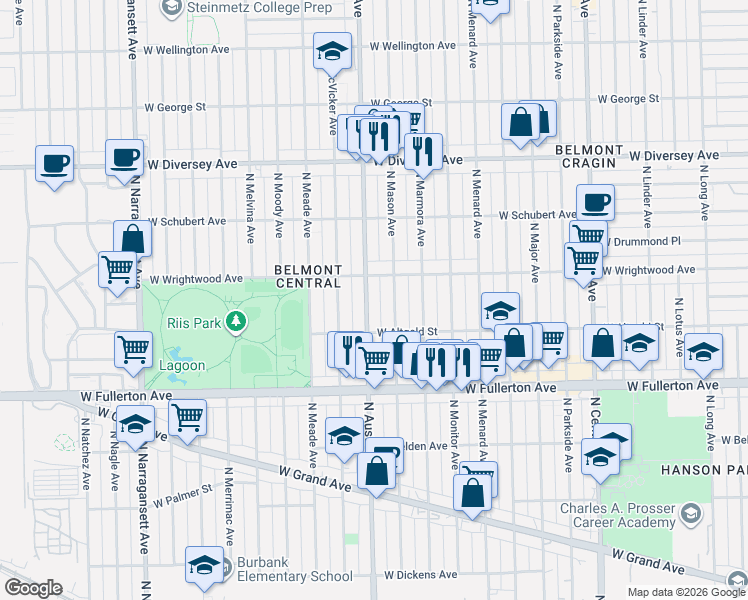map of restaurants, bars, coffee shops, grocery stores, and more near 2529 North Austin Avenue in Chicago