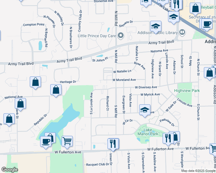 map of restaurants, bars, coffee shops, grocery stores, and more near 628 West Diversey Avenue in Addison