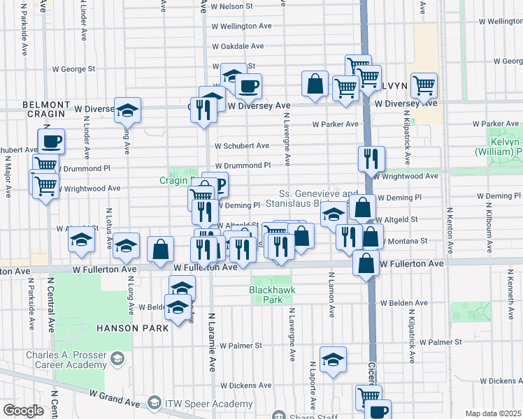 map of restaurants, bars, coffee shops, grocery stores, and more near 5043 West Deming Place in Chicago