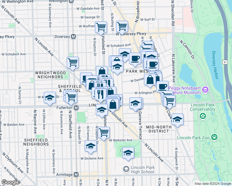 map of restaurants, bars, coffee shops, grocery stores, and more near 2434 North Orchard Street in Chicago