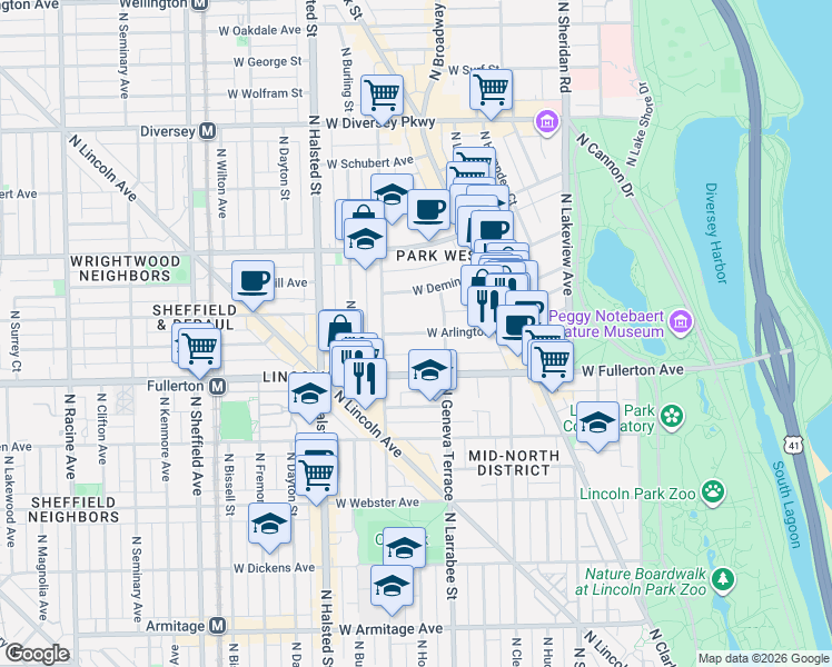 map of restaurants, bars, coffee shops, grocery stores, and more near 623 West Arlington Place in Chicago