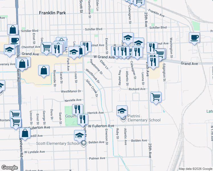 map of restaurants, bars, coffee shops, grocery stores, and more near 9822 Richard Avenue in Franklin Park