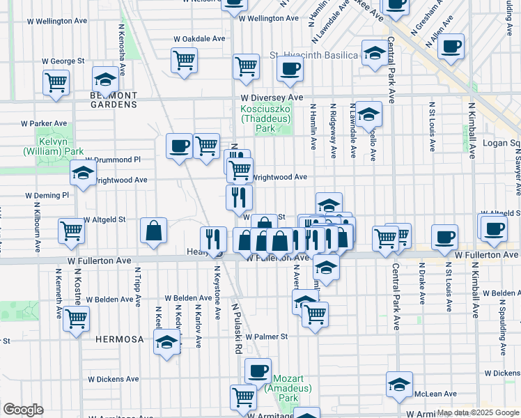map of restaurants, bars, coffee shops, grocery stores, and more near 2511 North Harding Avenue in Chicago