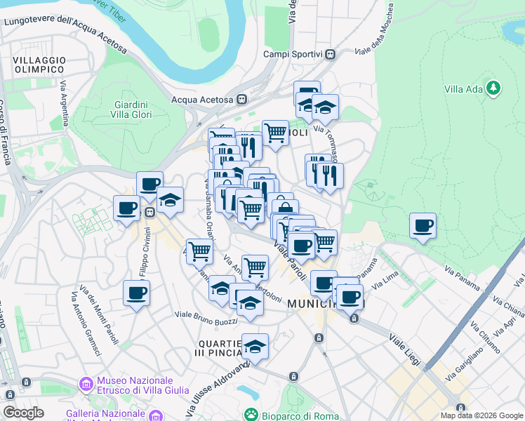 map of restaurants, bars, coffee shops, grocery stores, and more near 8 Via Fauro Ruggero in Rome