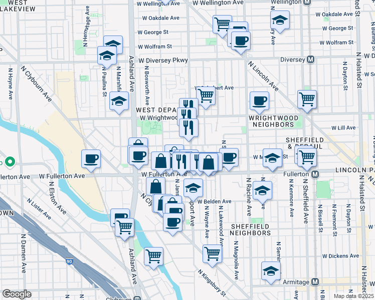 map of restaurants, bars, coffee shops, grocery stores, and more near 2447 North Southport Avenue in Chicago