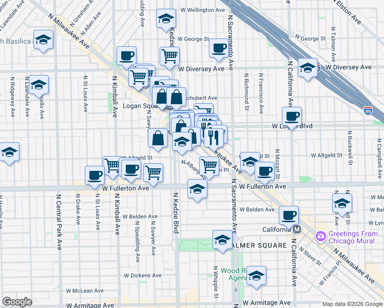 map of restaurants, bars, coffee shops, grocery stores, and more near 2451 North Kedzie Avenue in Chicago