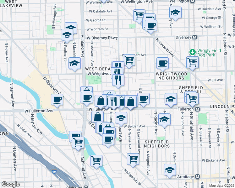 map of restaurants, bars, coffee shops, grocery stores, and more near 2450 North Southport Avenue in Chicago