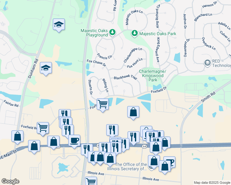 map of restaurants, bars, coffee shops, grocery stores, and more near 3300 Fox Chase Drive in St. Charles