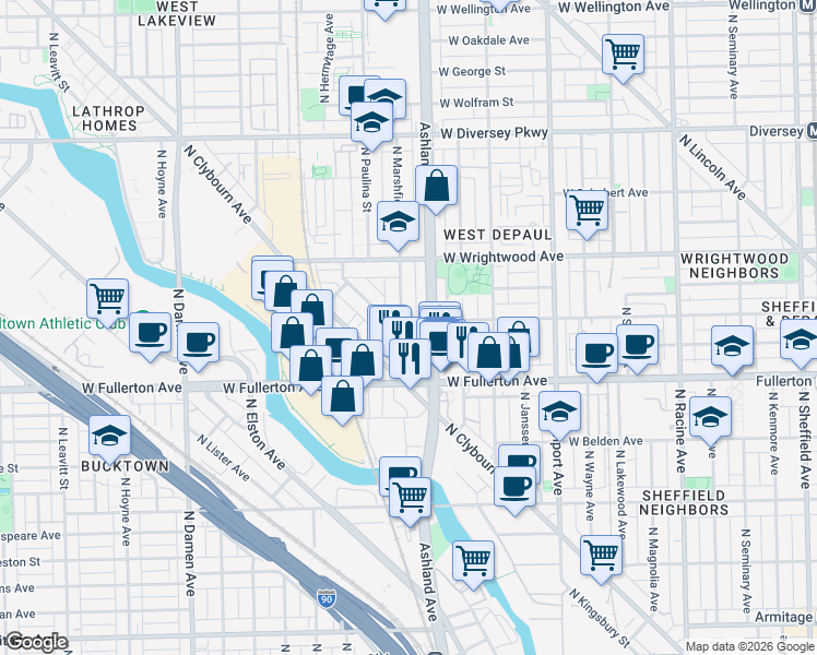 map of restaurants, bars, coffee shops, grocery stores, and more near 2439 North Marshfield Avenue in Chicago