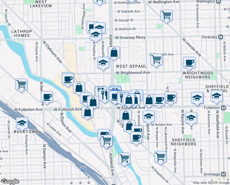 map of restaurants, bars, coffee shops, grocery stores, and more near 2455 North Ashland Avenue in Chicago