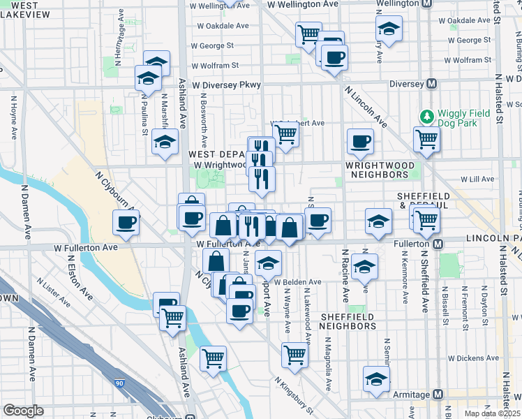 map of restaurants, bars, coffee shops, grocery stores, and more near 2447 North Southport Avenue in Chicago