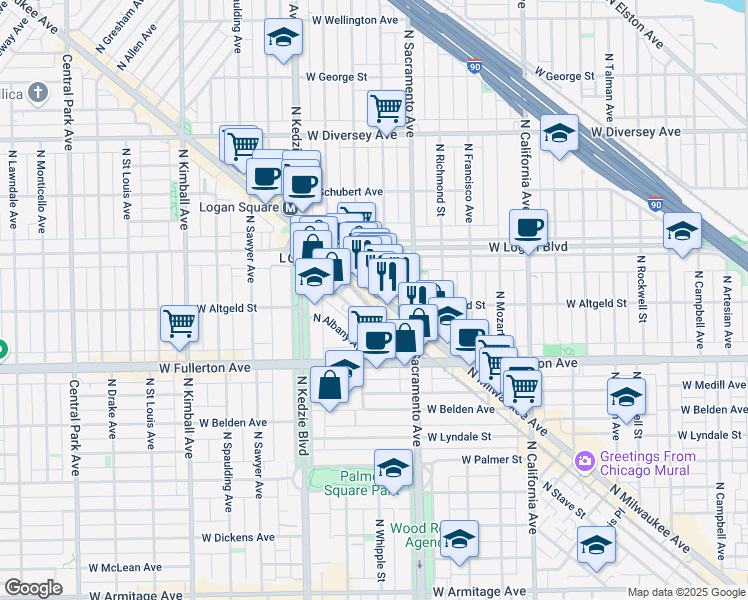 map of restaurants, bars, coffee shops, grocery stores, and more near 2482 North Milwaukee Avenue in Chicago