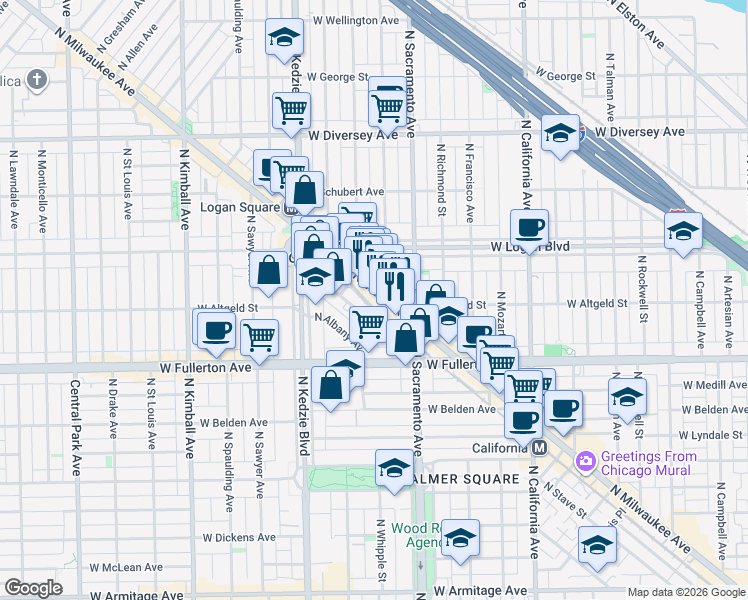 map of restaurants, bars, coffee shops, grocery stores, and more near 2482 North Milwaukee Avenue in Chicago