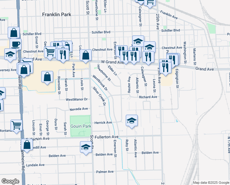 map of restaurants, bars, coffee shops, grocery stores, and more near 9822 Richard Avenue in Franklin Park
