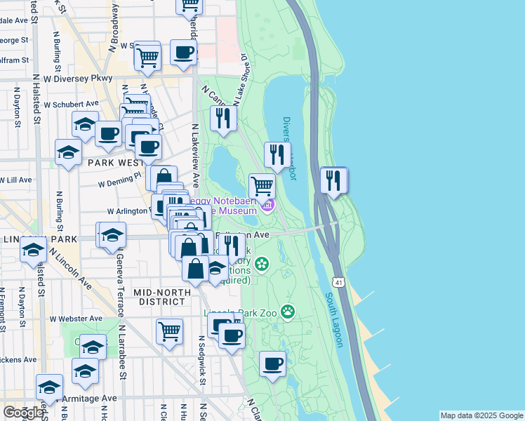 map of restaurants, bars, coffee shops, grocery stores, and more near 2426 North Cannon Drive in Chicago