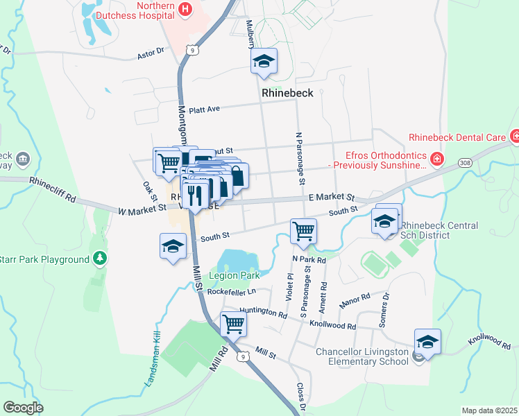 map of restaurants, bars, coffee shops, grocery stores, and more near 33 South Street in Rhinebeck