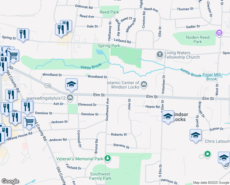map of restaurants, bars, coffee shops, grocery stores, and more near 386 Elm Street in Windsor Locks