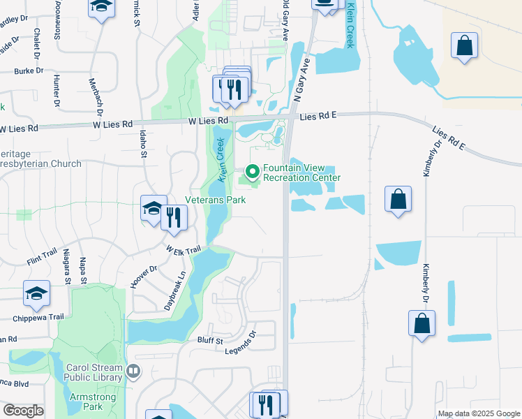 map of restaurants, bars, coffee shops, grocery stores, and more near 124 Klein Creek Court in Carol Stream