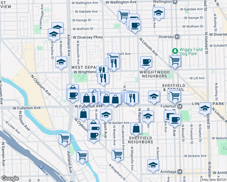map of restaurants, bars, coffee shops, grocery stores, and more near 1320 West Fullerton Avenue in Chicago