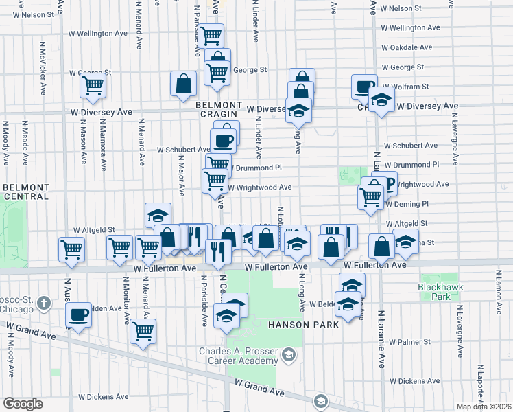 map of restaurants, bars, coffee shops, grocery stores, and more near 2530 North Linder Avenue in Chicago