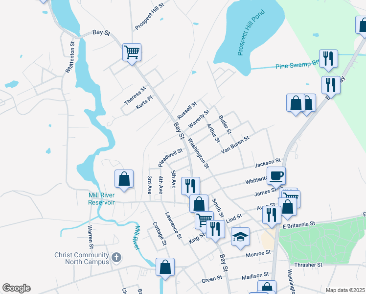 map of restaurants, bars, coffee shops, grocery stores, and more near 557 Bay Street in Taunton
