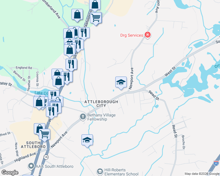 map of restaurants, bars, coffee shops, grocery stores, and more near 389 Newport Avenue in Attleboro