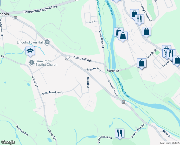 map of restaurants, bars, coffee shops, grocery stores, and more near 55 Old River Road in Lincoln