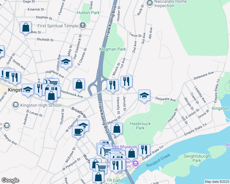 map of restaurants, bars, coffee shops, grocery stores, and more near 537 Delaware Avenue in Kingston