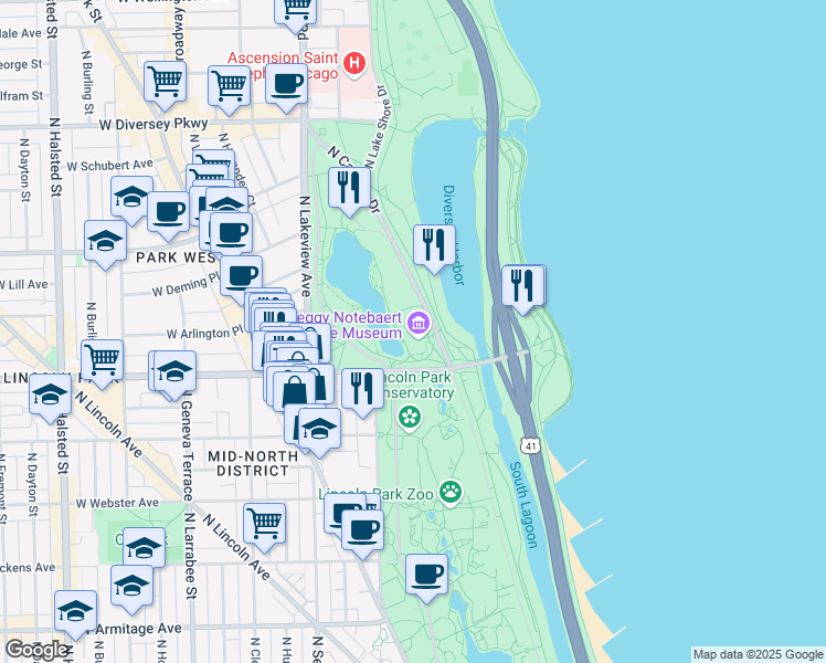 map of restaurants, bars, coffee shops, grocery stores, and more near 2424-2426 N Cannon Dr in Chicago