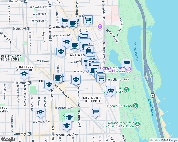 map of restaurants, bars, coffee shops, grocery stores, and more near 519 West Arlington Place in Chicago