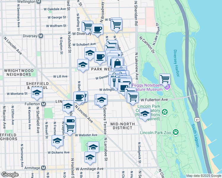 map of restaurants, bars, coffee shops, grocery stores, and more near 559 West Arlington Place in Chicago