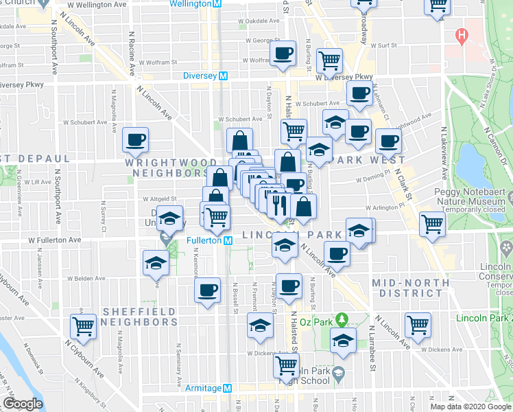 map of restaurants, bars, coffee shops, grocery stores, and more near 2442 North Lincoln Avenue in Chicago