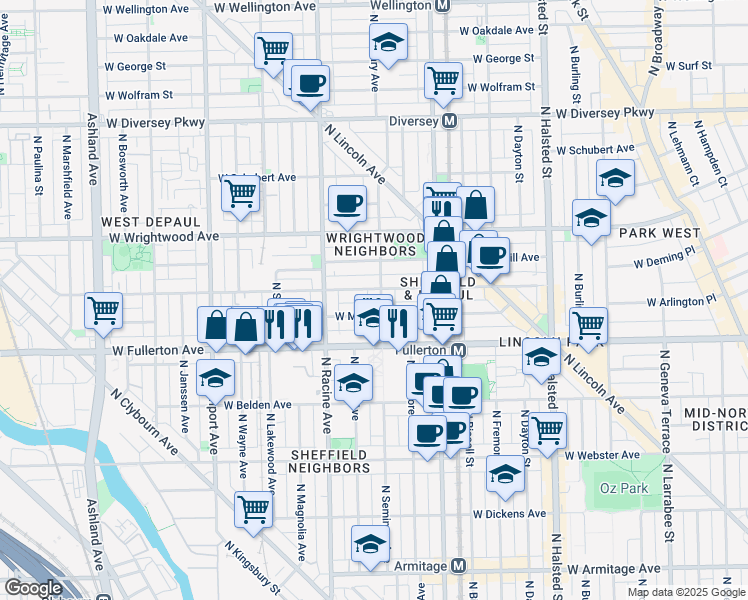 map of restaurants, bars, coffee shops, grocery stores, and more near 1122 West Montana Street in Chicago