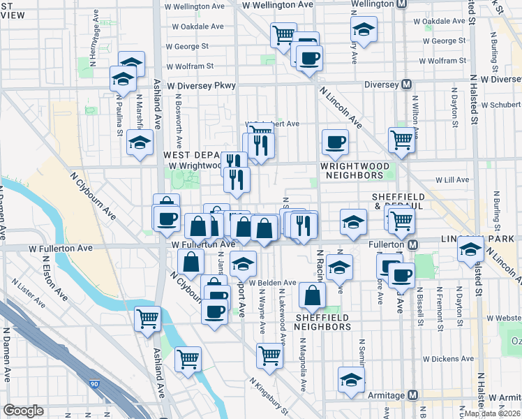 map of restaurants, bars, coffee shops, grocery stores, and more near 1320 West Fullerton Avenue in Chicago
