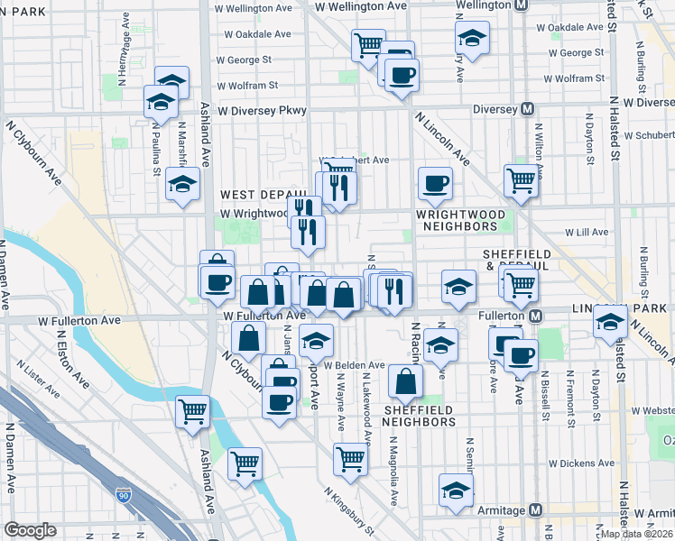 map of restaurants, bars, coffee shops, grocery stores, and more near 1320 West Fullerton Avenue in Chicago