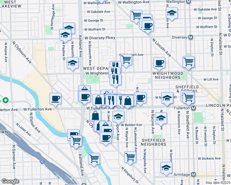 map of restaurants, bars, coffee shops, grocery stores, and more near 2447 North Southport Avenue in Chicago