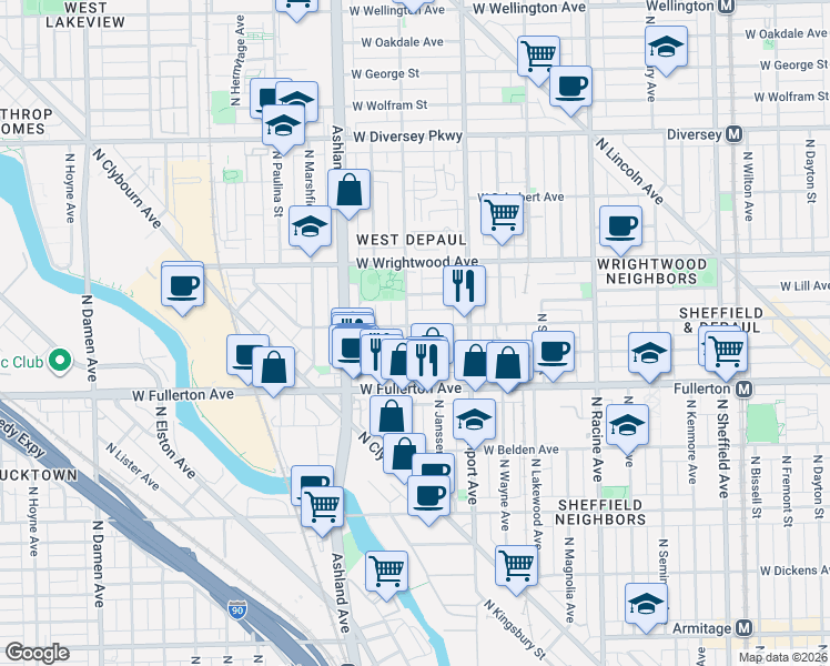 map of restaurants, bars, coffee shops, grocery stores, and more near 2442 North Greenview Avenue in Chicago