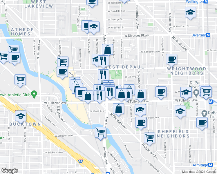 map of restaurants, bars, coffee shops, grocery stores, and more near 2419 North Ashland Avenue in Chicago