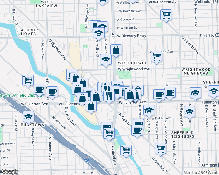 map of restaurants, bars, coffee shops, grocery stores, and more near 2439 North Marshfield Avenue in Chicago