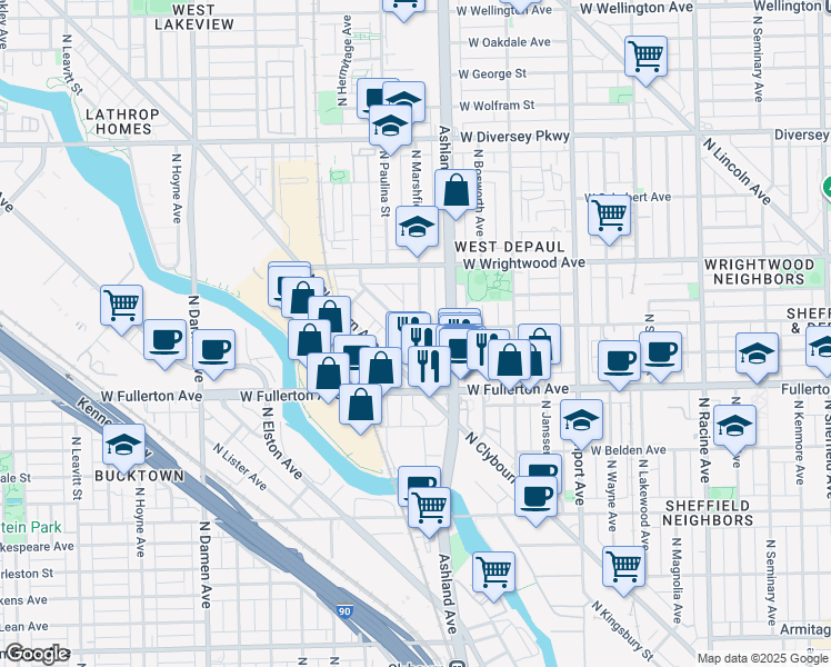map of restaurants, bars, coffee shops, grocery stores, and more near 2439 North Marshfield Avenue in Chicago