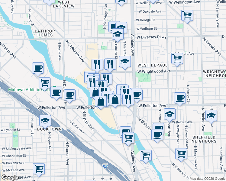 map of restaurants, bars, coffee shops, grocery stores, and more near 2471 North Clybourn Avenue in Chicago