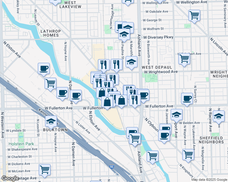 map of restaurants, bars, coffee shops, grocery stores, and more near 2472 North Clybourn Avenue in Chicago