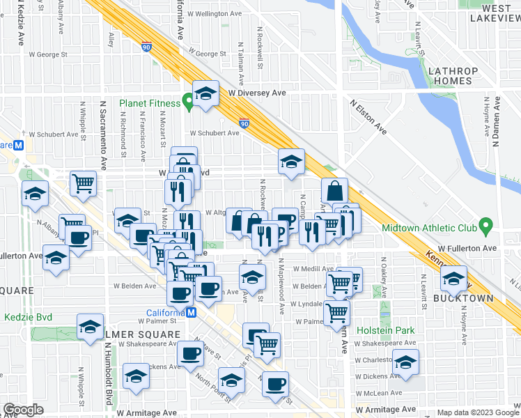 map of restaurants, bars, coffee shops, grocery stores, and more near 2452 North Rockwell Street in Chicago
